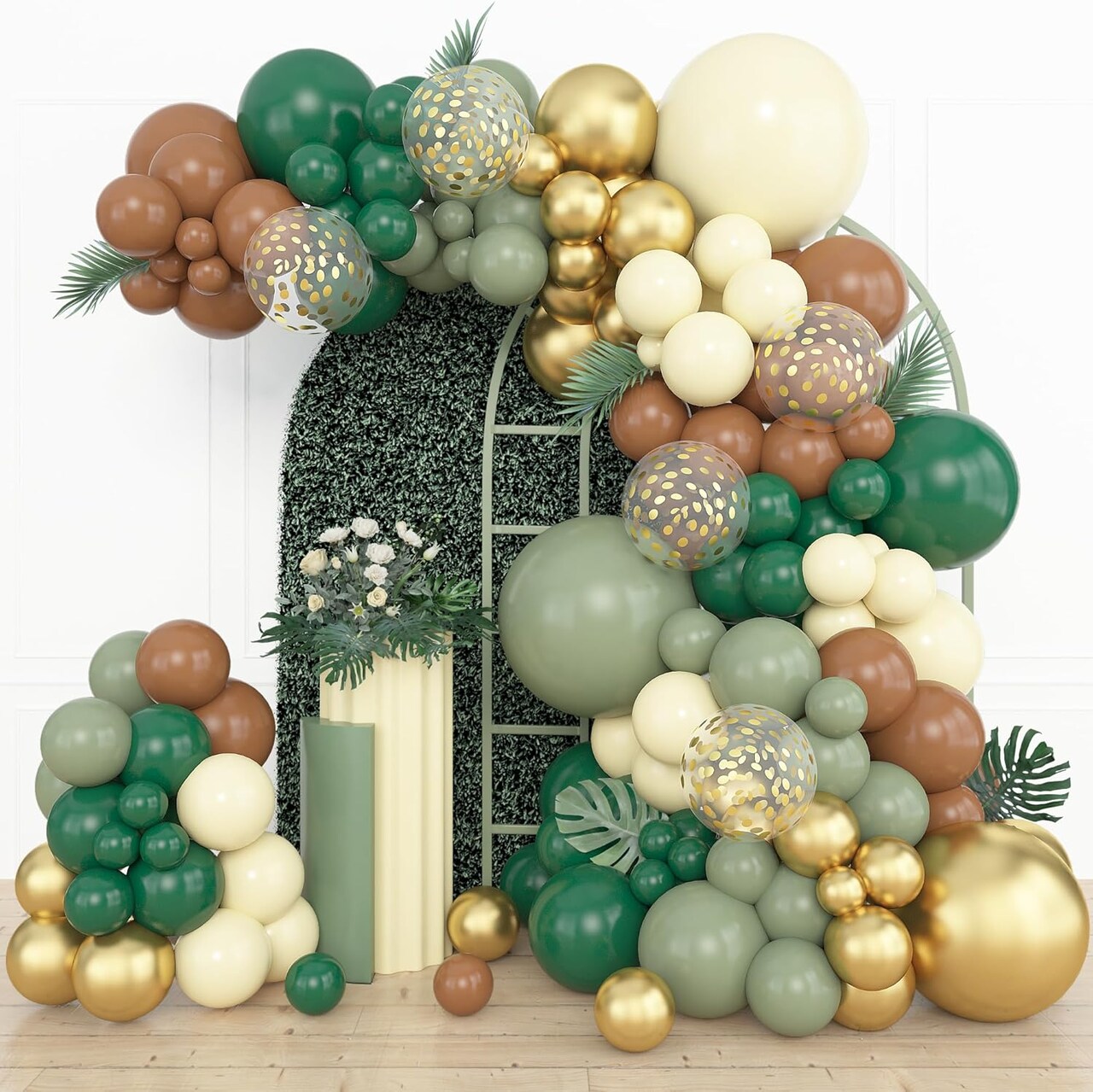 153pcs Green Brown Balloon Garland Arch Kit, Different Sizes 18 12 10 5 inch Sage Green Ivory Gold Latex Metallic Confetti Balloon for Safari Jungle Wild One Woodland Tropical Party Decoration